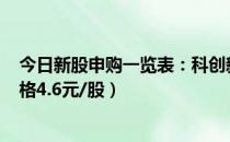 今日新股申购一览表：科创新材4月25日申购指南（发行价格4.6元/股）